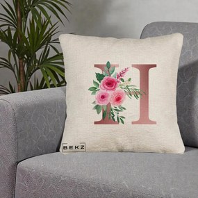 Cadou Personalizat - Perna Personalizata Monograma Rose Gold Litera H, 40x40 cm, Bej Canapea, Husa Detasabila, Perna Inclusa, BEKZ®