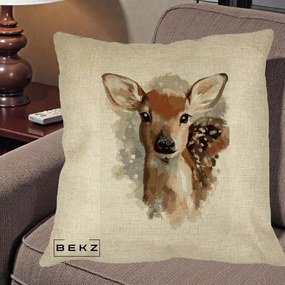 Perna Decorativa Caprioara Pui Acuarela, 40x40 cm, Crem, Husa Detasabila, Perna Inclusa, BEKZ®