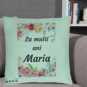 Cadou de Onomastica - Perna Personalizata La Multi Ani Maria Flori Acuarela, 40x40 cm, Verde Menta, Husa Detasabila, Perna Inclusa, BEKZ®