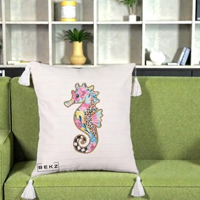 Perna Decorativa Calut de Mare Glitter Tropical, 40x40 cm, Bej cu Franjuri, Husa Detasabila, Perna Inclusa, BEKZ®