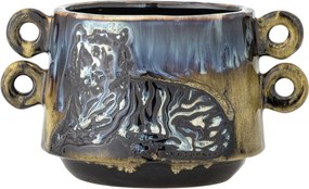 Ghiveci decorativ din ceramică, multicolor, model tigru în relief, mânere laterale, glazură reactivă în nuanțe de albastru și auriu, 15 x 18 cm,