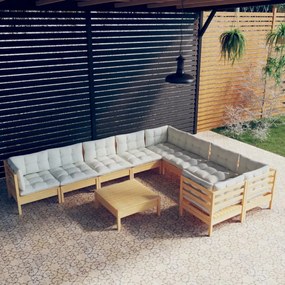 3096989 vidaXL Set mobilier grădină cu perne crem, 10 piese, lemn de pin