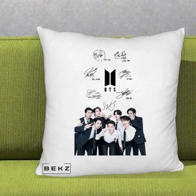 Perna Personalizata K-pop BTS Autografe Toti Membrii cu Fotografie, 40x40 cm, Alb Pufos, Husa Detasabila, Perna Inclusa, BEKZ®