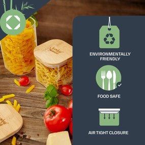 Recipient pătrat pentru păstrarea alimentelor cu capac din bambus, set de 4 bucăți, conține: 700 ml, 1200 ml, 1500 ml, 2000 ml