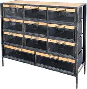 Comodă pantofi vintage, industrială, din metal și lemn, negru, cu 11 sertare rabatabile și blat din lemn natur, 86,5 x 107 x 34 cm, „Factory”
