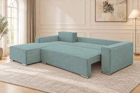 Colțar extensibil Livia Mini din catifea reiată, verde marin, colț pe stânga, cu ladă de depozitare