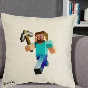 Perna Personalizata Minecraft Steve cu Tarnacop, 40x40 cm, Ecru, Husa Detasabila, Perna Inclusa, BEKZ®