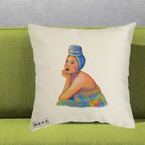 Perna Decorativa Portret Femeie Contemplativa, 40x40 cm, Ecru, Husa Detasabila, Perna Inclusa, BEKZ®