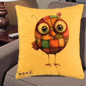 Perna Decorativa Pasare Patchwork Roz cu Floare, 40x40 cm, Galben, Husa Detasabila, Perna Inclusa, BEKZ®