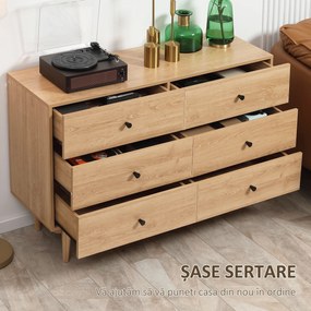 HOMCOM Comodă 6 sertare mobilier de depozitare picioare din lemn masiv 120 x 40 x 80 cm culoare lemn | Aosom Romania
