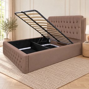 Pat tapițat Chesterfield din catifea Aveline Deluxe 180×200 cm, cappuccino, cu ladă de depozitare