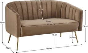 Canapea de design cu 2 locuri, ţesătură Velvet maro/gold crom-auriu, BAGY