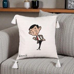 Perna Personalizata Mr. Bean Caricatura, 40x40 cm, Bej cu Franjuri, Husa Detasabila, Perna Inclusa, BEKZ®