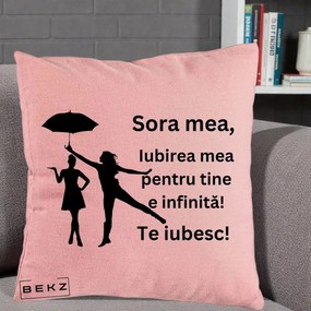Cadou pentru Sora - Perna Personalizata Sora Mea Te Iubesc Siluete Negre cu Umbrela, 40x40 cm, Roz, Husa Detasabila, Perna Inclusa, BEKZ®