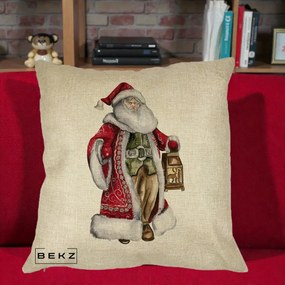 Perna Decorativa Mos Craciun Vintage cu Felinar, 40x40 cm, Crem, Husa Detasabila, Perna Inclusa, BEKZ®