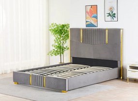 Pat Tapitat din Catifea Gri cu Somiera si Saltea ,   160x200 cm, Cod LB-215