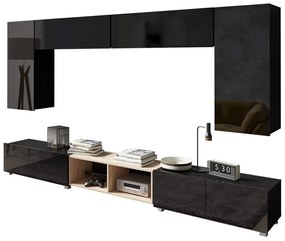 Camera de zi Providence B141Negru lucios, Negru, Stejar Artisan, Cu comodă tv, Cu componente suplimentare, Părți separate, PAL laminat, 300x43cm, 112 kg