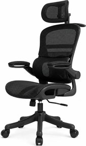 RESIGILAT- Scaun ergonomic cu șezut din plasă și suport lombar dinamic, tetiera 3D, cotiere rabatabile, Negru