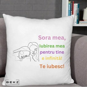 Cadou pentru Sora - Perna Personalizata Sora Mea Te Iubesc Line Art Fete Colorate Brate Ridicate, 40x40 cm, Alb Pufos, Husa Detasabila, Perna Inclusa, BEKZ®