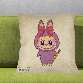 Perna Personalizata Labubu Mov cu Funda Rosie si Creion, 40x40 cm, Crem, Husa Detasabila, Perna Inclusa, BEKZ®