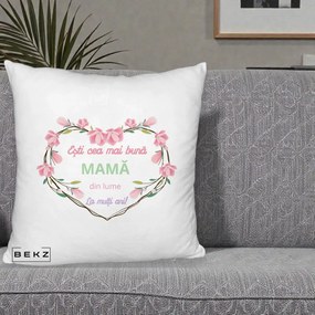 Cadou pentru Mama - Perna Personalizata Esti Cea mai Buna Mama din Lume La Multi Ani cu Inima Florala, 40x40 cm, Alb Pufos, Husa Detasabila, Perna Inclusa, BEKZ®