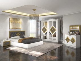 Dormitor Deluxe, culoare alb / gri, cu pat tapitat 160 x 200, dulap 200 cm, comoda si 2 noptiere