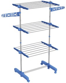 HOMCOM Uscător de Rufe Pliabil Vertical, Extensibil Tip Turn cu 6 Roți, Cârlige și 3 Rafturi, 142x55x152 cm, Albastru | Aosom Romania