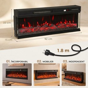 HOMCOM Șemineu Electric de Podea/Încastrabil, 3 Laturi, cu Telecomandă, 750/1500W, Efect Flacără 3D 12 Culori, 5 Niveluri de Luminozitate | Aosom Romania