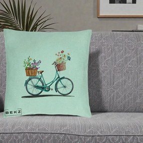Perna Decorativa Bicicleta Florala Turcoaz Acuarela, 40x40 cm, Verde Menta, Husa Detasabila, Perna Inclusa, BEKZ®