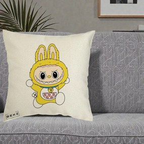 Perna Personalizata Labubu Galben Doraemon, 40x40 cm, Ecru, Husa Detasabila, Perna Inclusa, BEKZ®