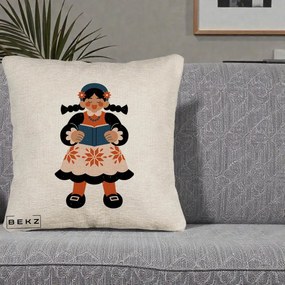 Perna Personalizata Fetita cu Carte Ilustratie Folk, 40x40 cm, Bej Canapea, Husa Detasabila, Perna Inclusa, BEKZ®