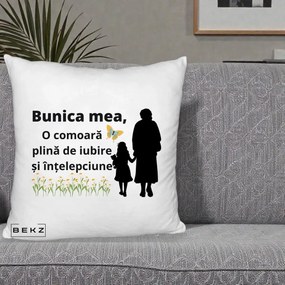 Cadou pentru Bunica - Perna Personalizata Bunica Mea Comoara Iubire Intelepciune Varianta Extinsa, 40x40 cm, Alb Pufos, Husa Detasabila, Perna Inclusa, BEKZ®