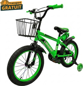Bicicleta copii verde 14 inch, cu roti ajutatoare, cos fata, bidon apa, Caraiman