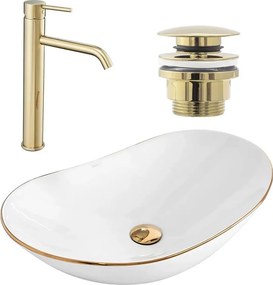 Set lavoar pe blat Rea Royal alb-auriu + baterie Lungo + ventil Click-Clack universal