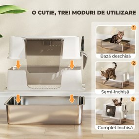 PawHut Litieră pentru Pisici Închisă din Oțel Inoxidabil XL cu Capac, Gri Deschis | Aosom Romania