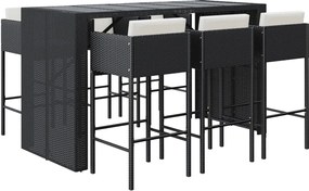vidaXL Set bar de grădină, 7 piese, cu perne, negru, poliratan