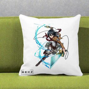 Perna Personalizata Attack on Titan Mikasa Ackerman Lupta, 40x40 cm, Alba Mata, Husa Detasabila, Perna Inclusa, BEKZ®