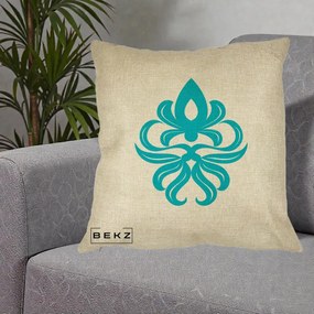 Perna Decorativa Ornament Turcoaz Fleur de Lis, 40x40 cm, Crem, Husa Detasabila, Perna Inclusa, BEKZ®