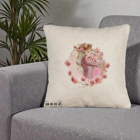 Perna Decorativa Femeie cu Flori Roz Acuarela, 40x40 cm, Bej Canapea, Husa Detasabila, Perna Inclusa, BEKZ®