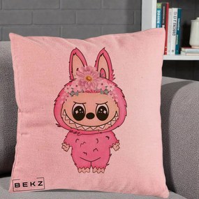 Perna Personalizata Labubu Roz cu Coroana Florala, 40x40 cm, Roz, Husa Detasabila, Perna Inclusa, BEKZ®