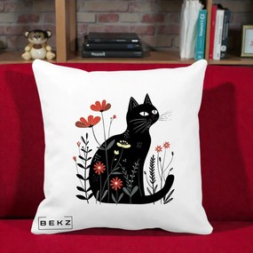 Perna Decorativa Pisica Neagra Flori Rosii Folk, 40x40 cm, Alba Mata, Husa Detasabila, Perna Inclusa, BEKZ®