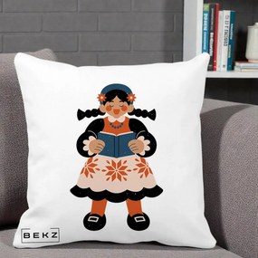 Perna Personalizata Fetita cu Carte Ilustratie Folk, 40x40 cm, Alba Mata, Husa Detasabila, Perna Inclusa, BEKZ®