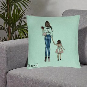 Cadou pentru Mama - Perna Personalizata Mom of Girls Mama cu Fetele, 40x40 cm, Verde Menta, Husa Detasabila, Perna Inclusa, BEKZ®