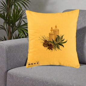 Perna Decorativa Lumanari cu Ilex si Conuri Ilustratie, 40x40 cm, Galben, Husa Detasabila, Perna Inclusa, BEKZ®