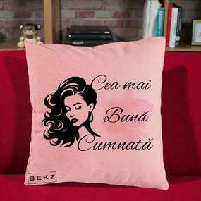Cadou pentru Cumnata - Perna Personalizata Cea mai Buna Cumnata cu Silueta Dama si Pete Roz, 40x40 cm, Roz, Husa Detasabila, Perna Inclusa, BEKZ®