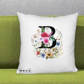 Cadou Personalizat - Perna Personalizata Monogram Litera B cu Flori Acuarela, 40x40 cm, Alb Pufos, Husa Detasabila, Perna Inclusa, BEKZ®
