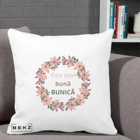Cadou pentru Bunica - Perna Personalizata Cea Mai Buna Bunica Coronita Flori Roz, 40x40 cm, Alba Mata, Husa Detasabila, Perna Inclusa, BEKZ®