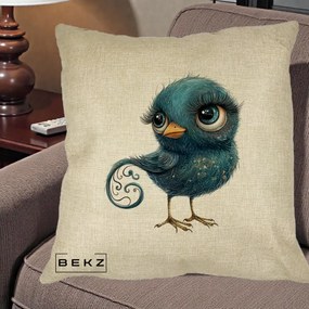 Perna Decorativa Pasare Teal cu Motive Aurii si Coada Spiralata, 40x40 cm, Crem, Husa Detasabila, Perna Inclusa, BEKZ®
