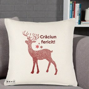 Perna Decorativa Ren Sclipitor Glitter Craciun Fericit, 40x40 cm, Crem Reliefat, Husa Detasabila, Perna Inclusa, BEKZ®