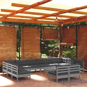 3097231 vidaXL Set mobilier grădină cu perne, 13 piese, gri, lemn masiv pin